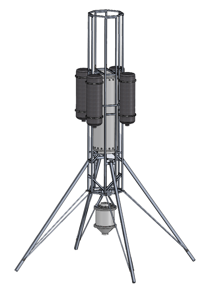 Preliminary CAD of the Monarch Lander: a tubular space frame with pressurant tanks, a central run tank, the engine underneath and four landing legs