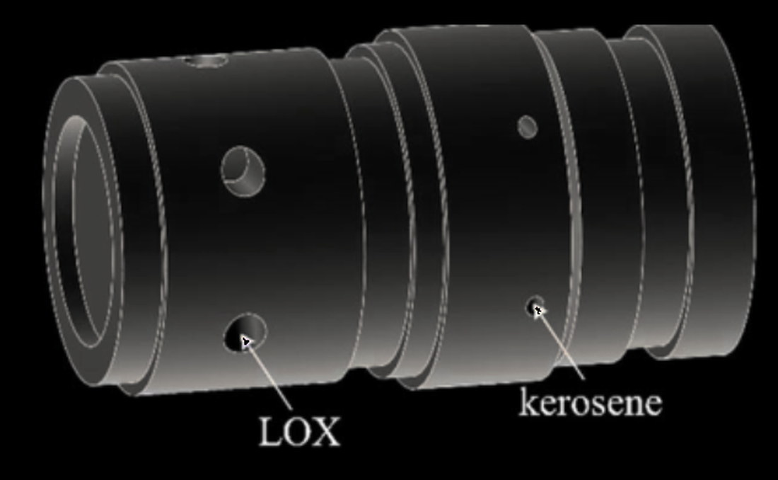 RD-0110 class injector body, LOX and kerosene ports labelled