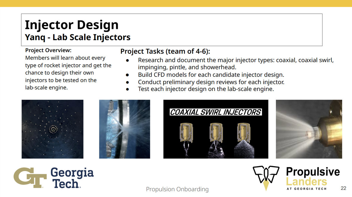 Slide: Injector Design, Lab Scale Injectors, project overview and tasks