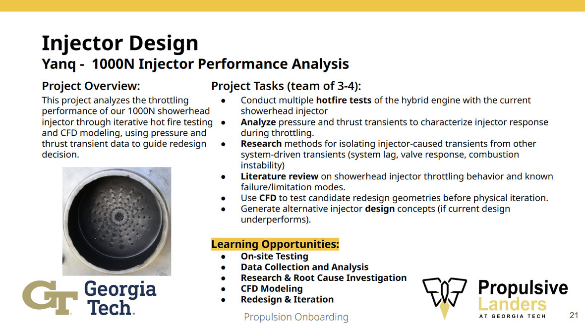 Slide: Injector Design, 1000N Injector Performance Analysis, project overview and tasks
